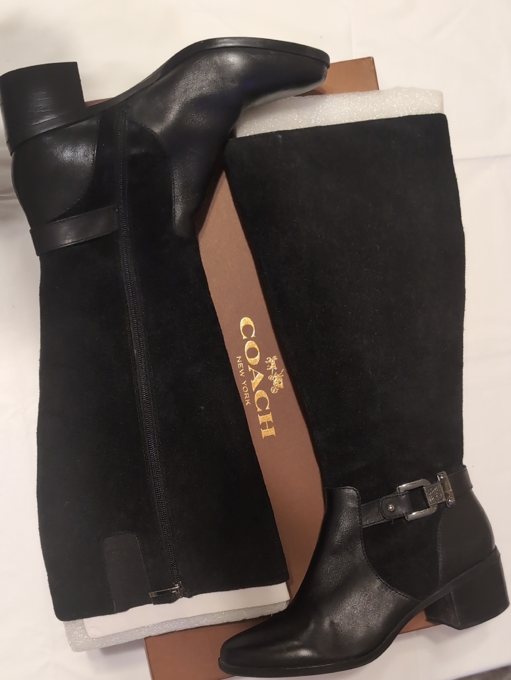 Coach Black Suede and Leather Knee Boots with Buckle Size 9.5